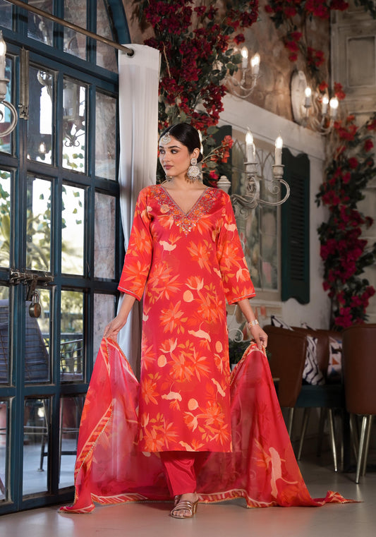 Orange Printed Silk Salwar Set with Zardosi , and Three-Quarter Sleeves