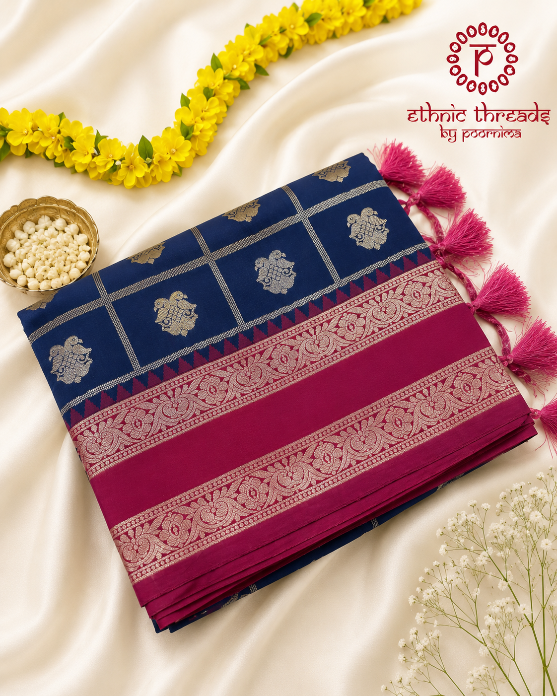 Semi Silk Saree with Zari Checks & Contrast Border