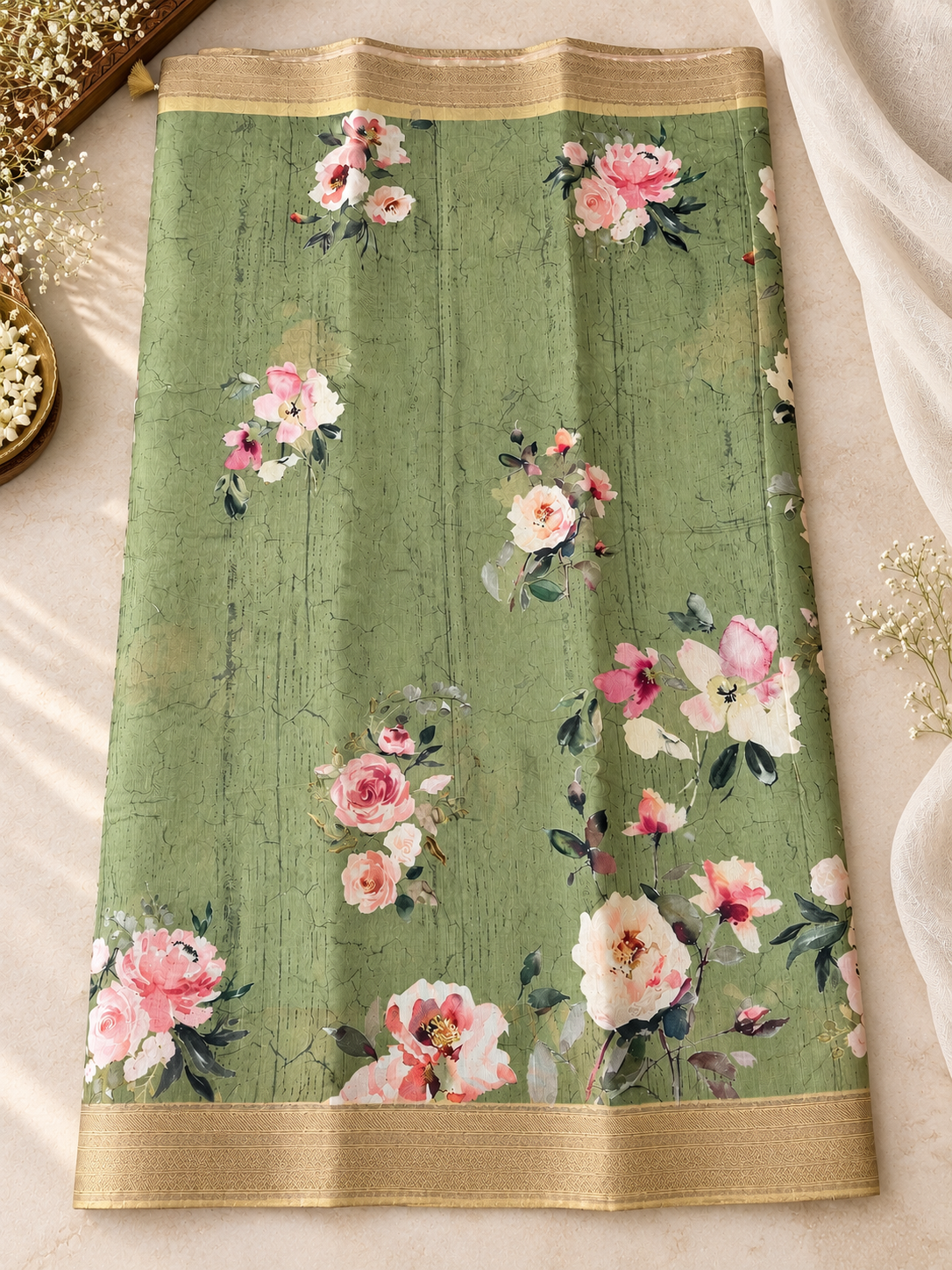 Floral Tissue Saree with Gold Border