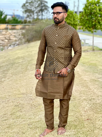 Raw Silk Mens Long Kurta with Embroidery Jacket