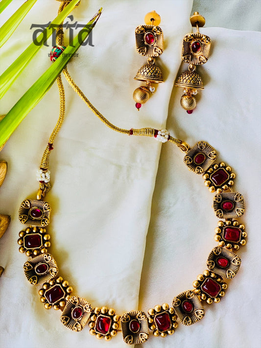 Antique Matt Gold Necklace Set with Precious Stones- Ruby