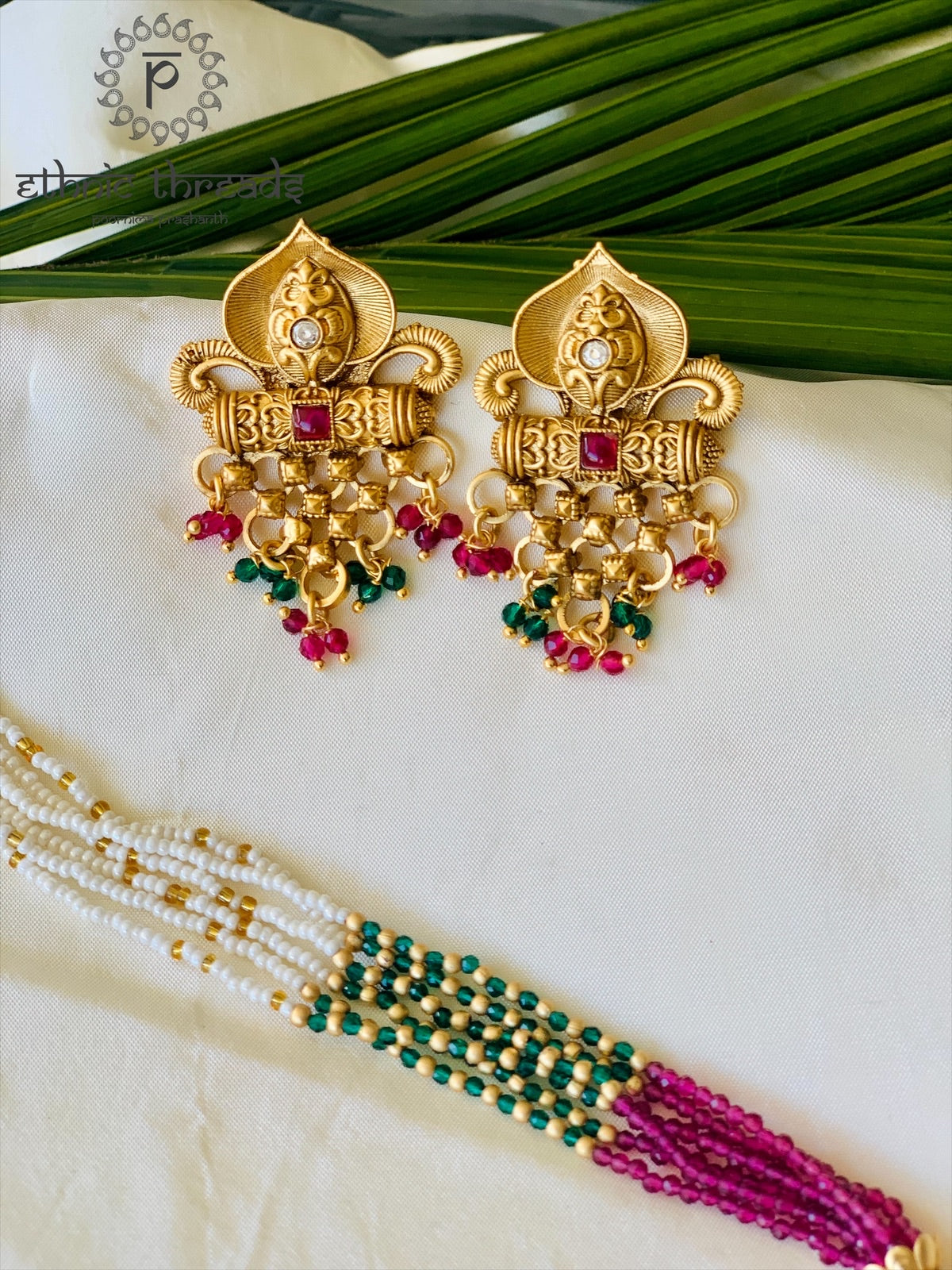 Temple Long Necklace Meenakari Kundan Set- Ruby & White Stones