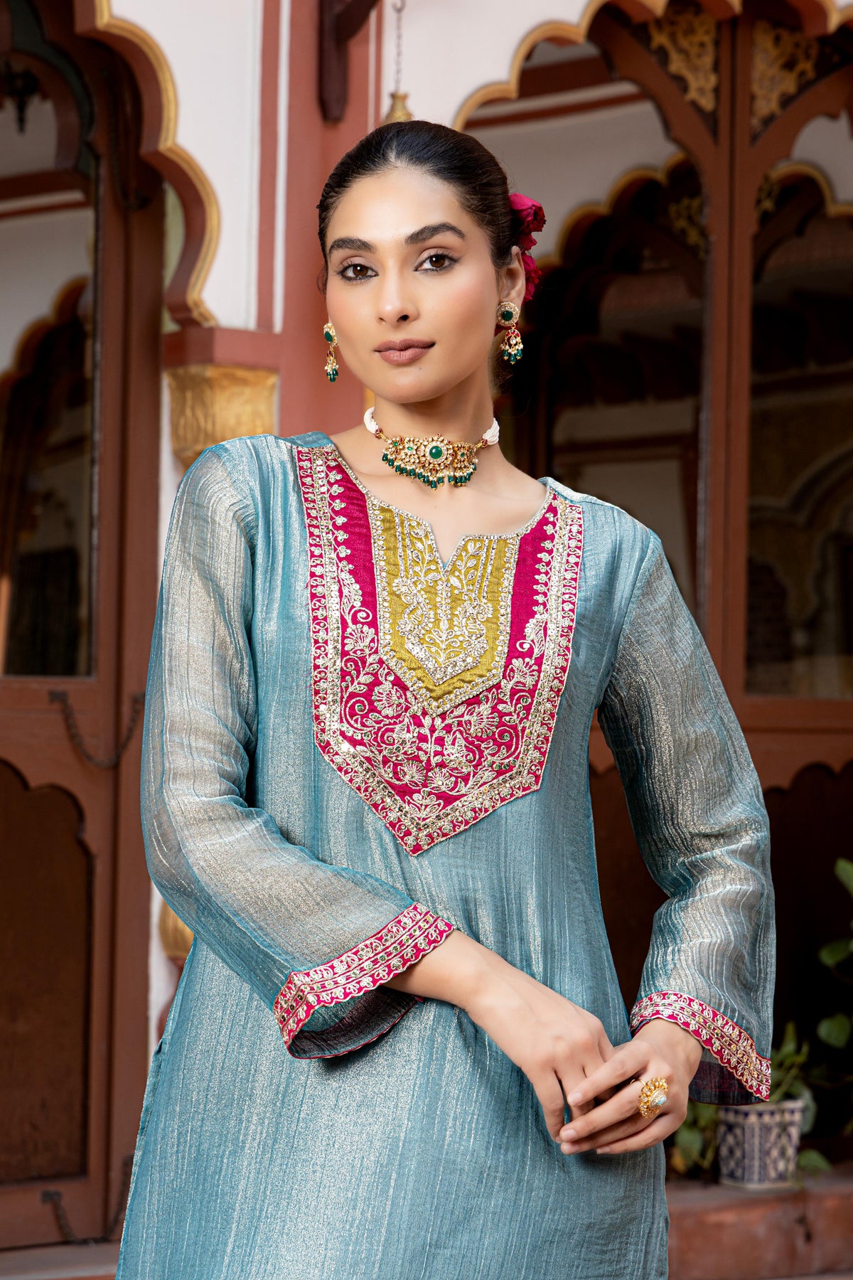 Steel Blue Embroidered Kurta Palazzo Set