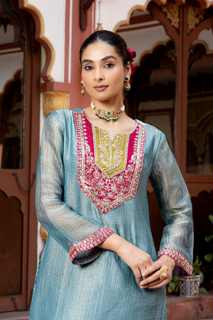 Steel Blue Embroidered Kurta Palazzo Set