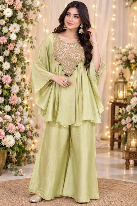 Pistachio Green Embroidered Kaftan Palazzo Set