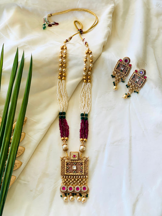 Temple Long Necklace Set- Ruby & White Stones