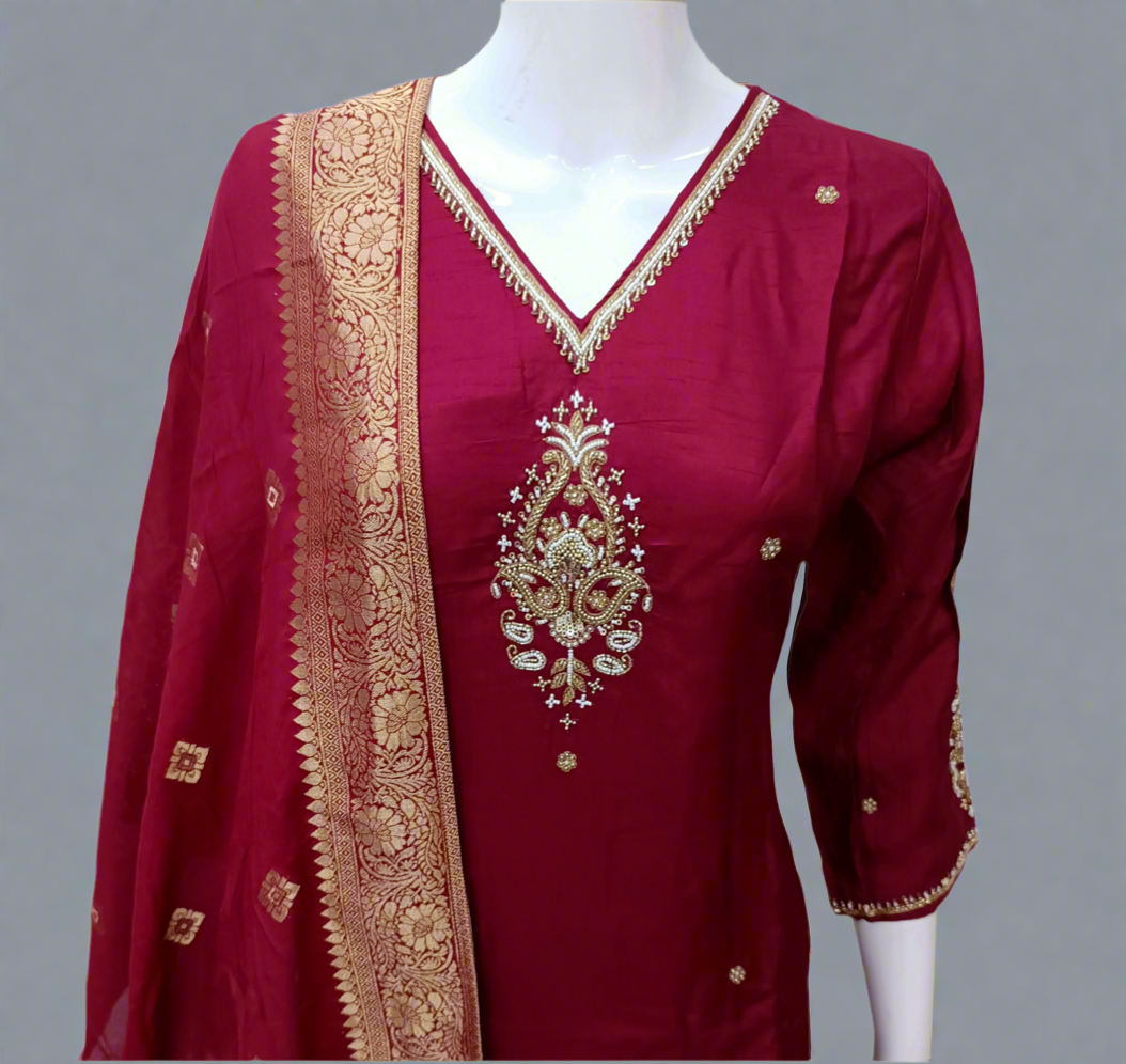 Maroon Silk Salwar Set with Zardosi , V-Neck, and Three-Quarter Sleeves