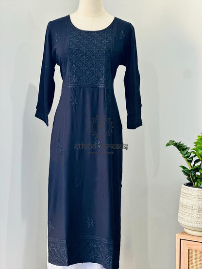Chikankari Long Kurta In Muslin - Black