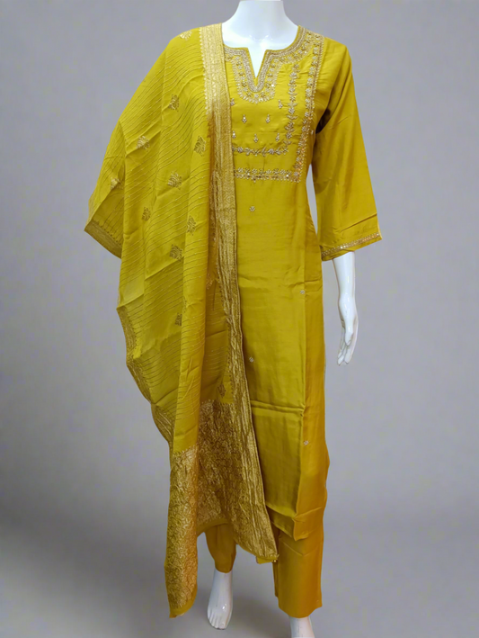 Mustard Silk Salwar Set with Zardosi , U-Neck, and Three-Quarter Sleeves