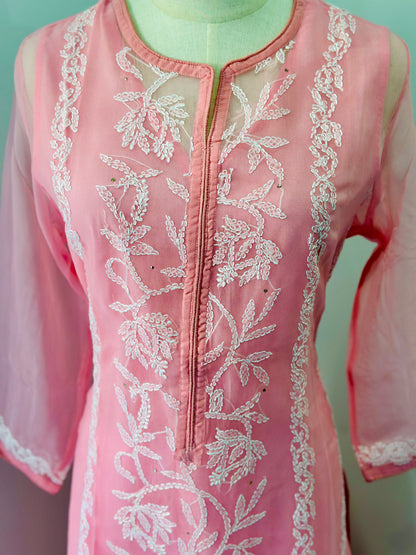 Chikankari Long Kurta In Georgette - Pink