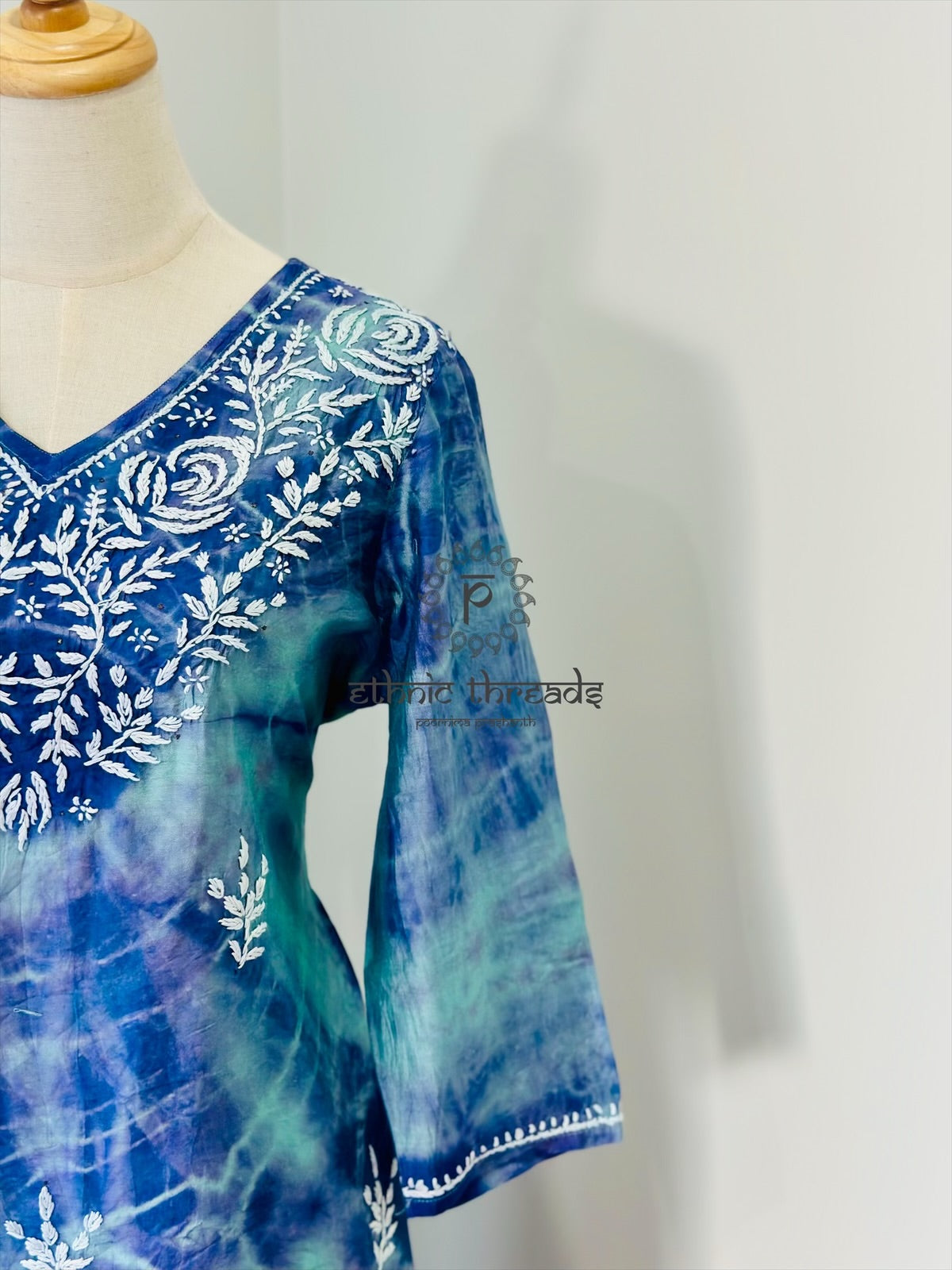 Chikankari Kurta In Tie-Dye Silk Cotton -Teal/Violet