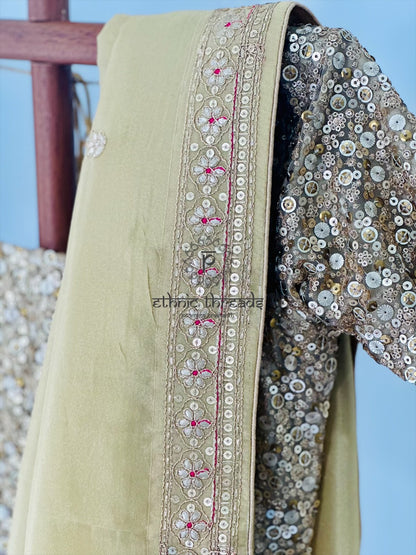 Gold Glossy Soft Tissue  Saree And Blouse