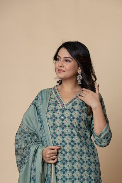 Blue Sage Cotton Printed Suit Set