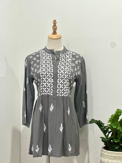 Lucknowi Chikankari  Cotton Women's Flared Short Kurta - Grey