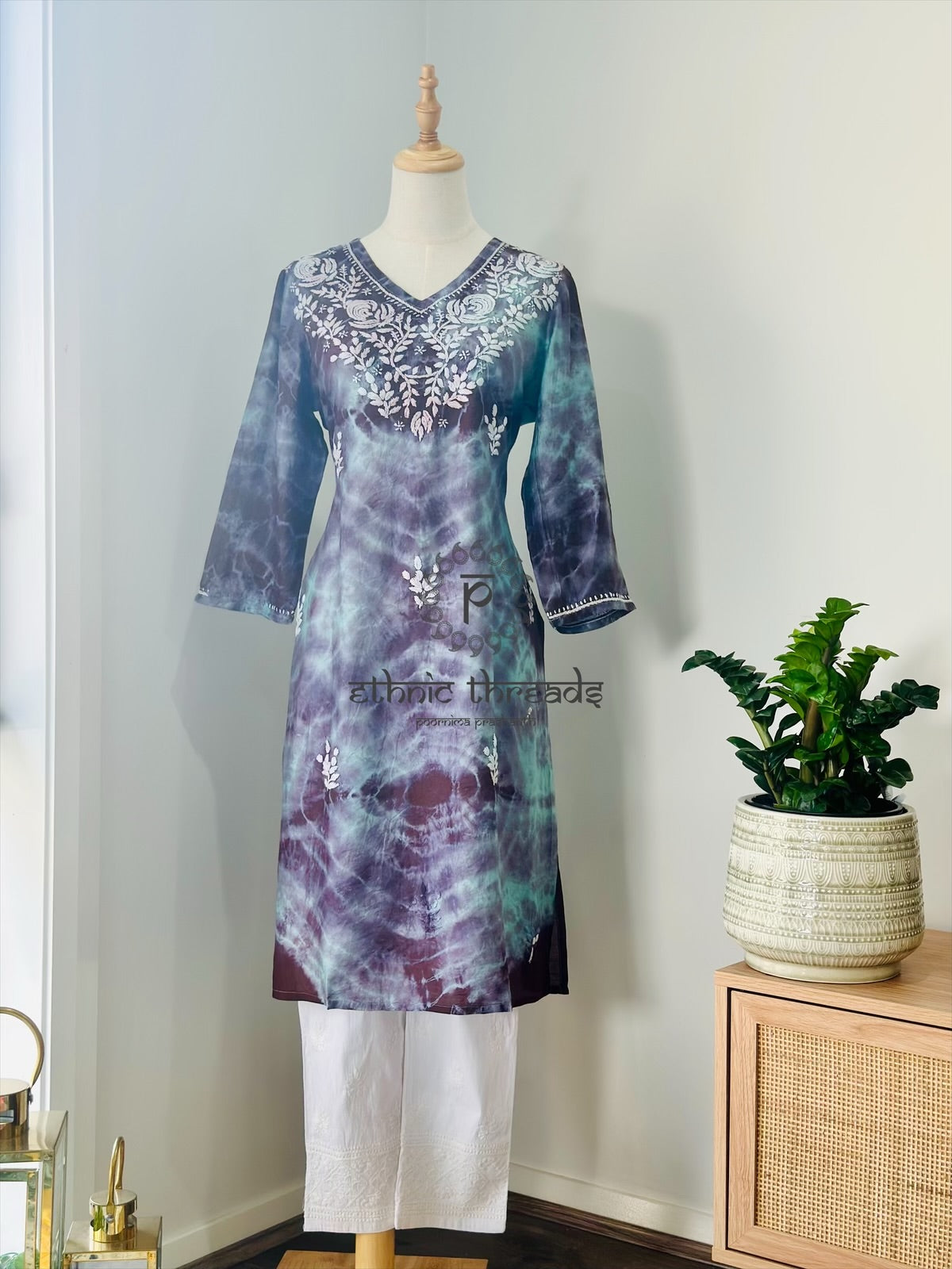 Chikankari Kurta In Tie-Dye Silk Cotton -Teal/Purple