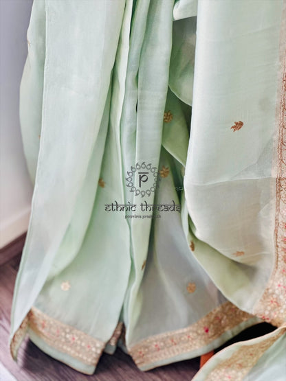 Pastel Green Glossy Soft Tissue  Saree And Blouse