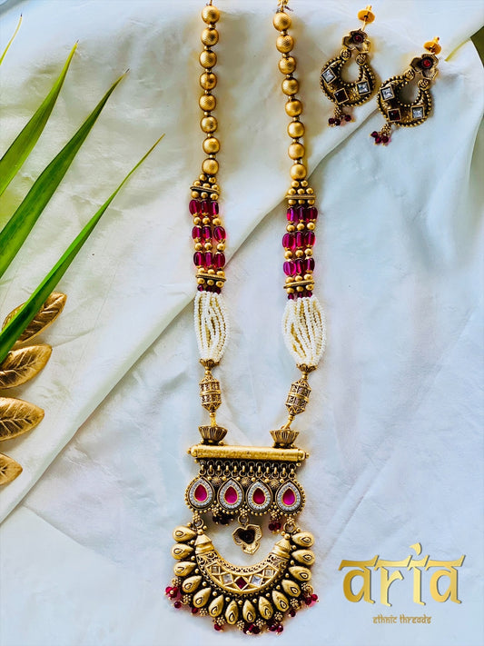 Temple Long Necklace Kundan Set- Ruby & White Stones