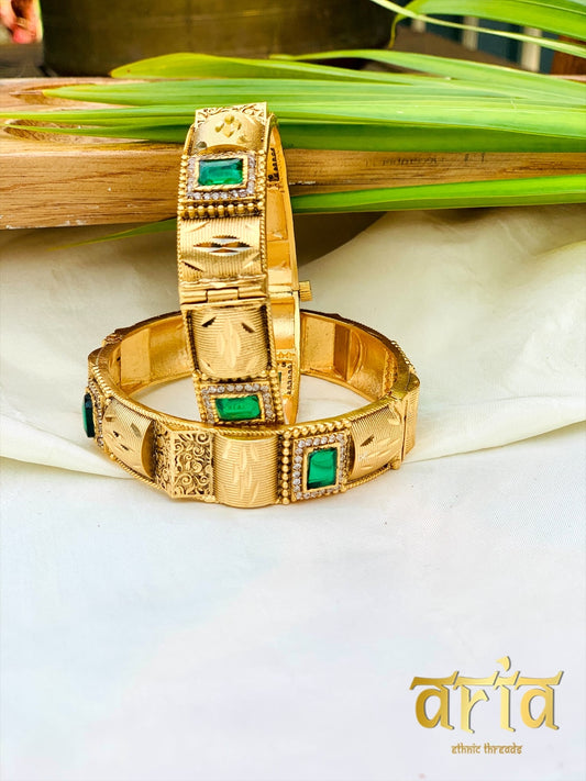 Golden Kada Bangles with AD Stones- Emerald