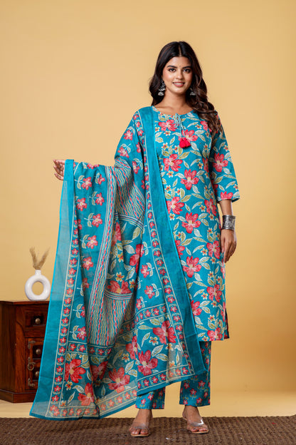 Blue Floral Block Printed Salwar Set