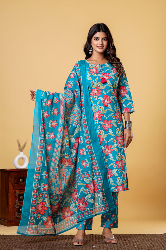 Blue Floral Block Printed Salwar Set