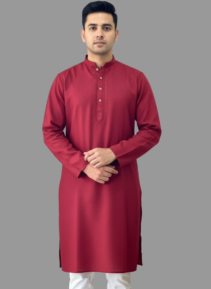 Cotton Mens Long Kurta- Maroon