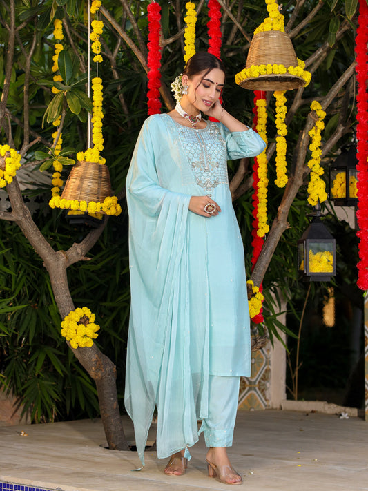 Powder Blue Silk Salwar Set with Zardosi , and Three-Quarter Sleeves