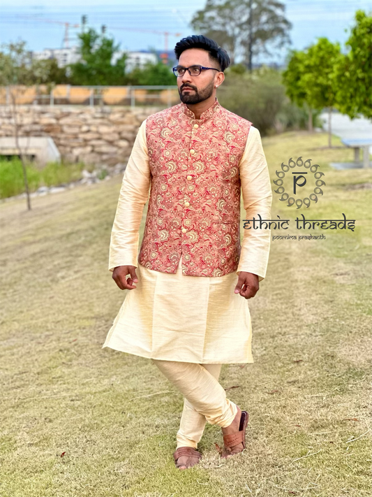 Raw Silk Mens Long Kurta with Brocade Jacket