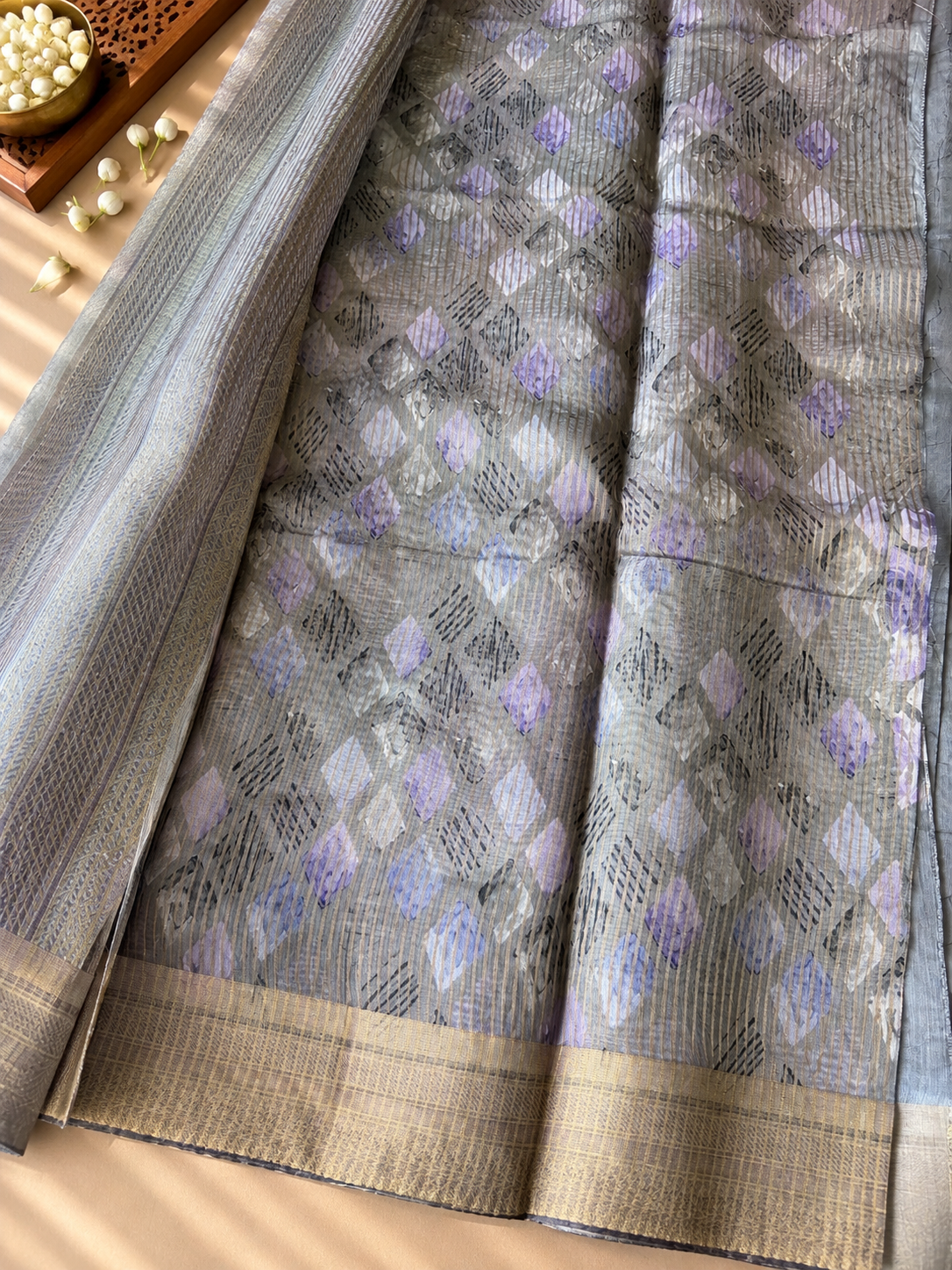Floral Tissue Saree with Gold Border