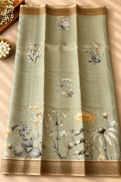 Floral Tissue Saree with Gold Border
