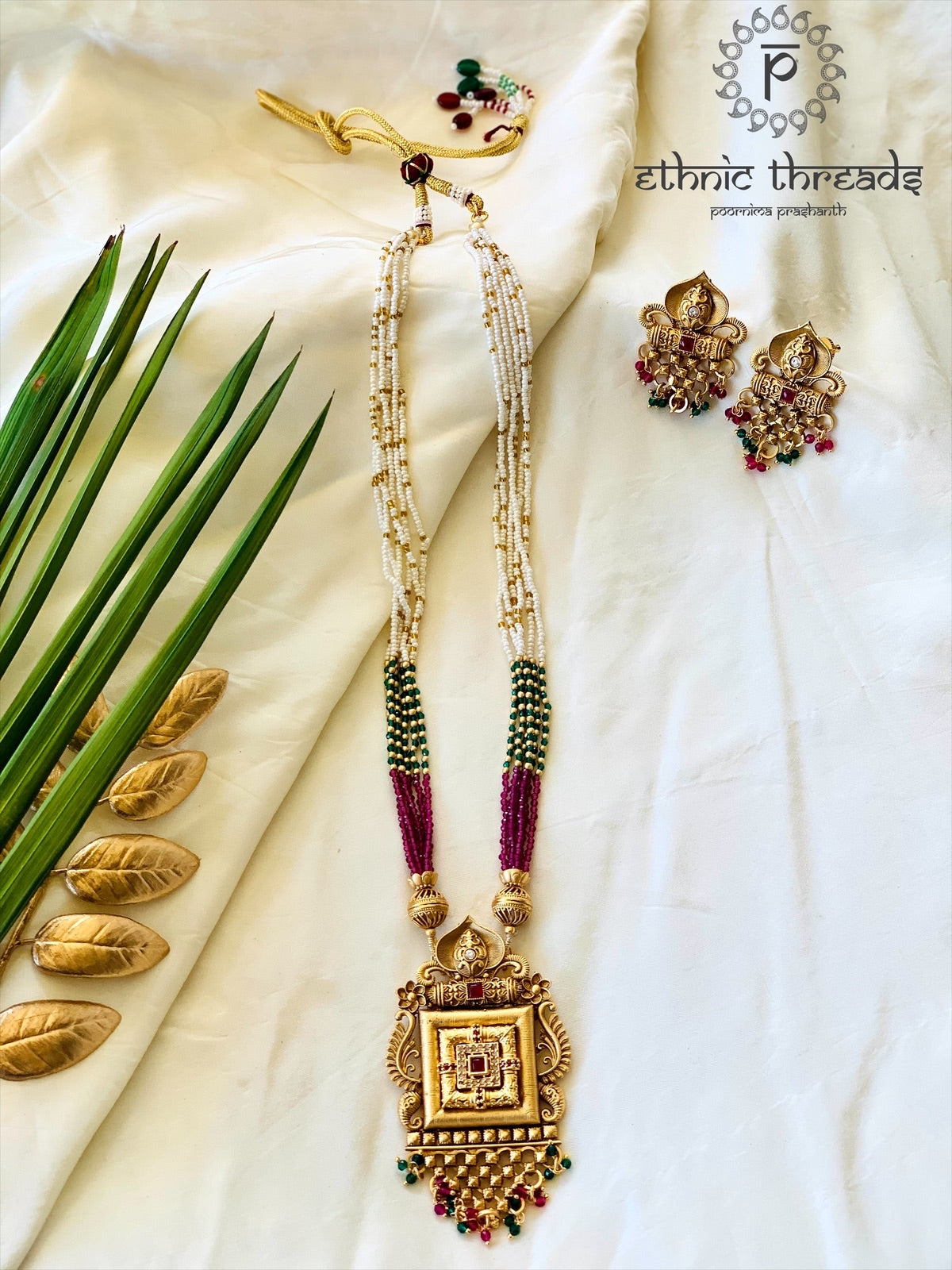 Temple Long Necklace Meenakari Kundan Set- Ruby & White Stones