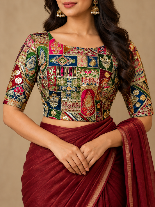 Zari Work Blouses- Black Multi Color