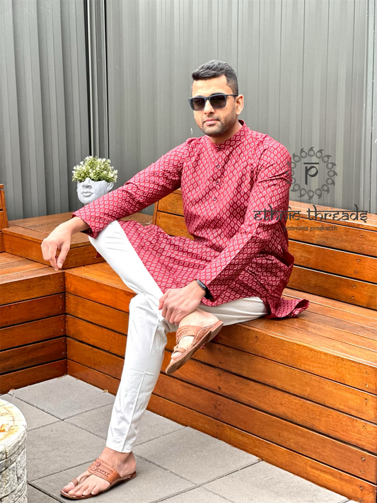 Printed Cotton Mens Long Kurta- Maroon