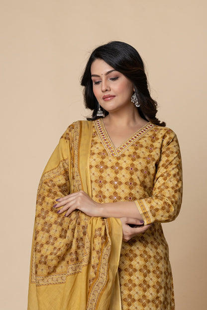 Mustard Cotton Printed Suit Set