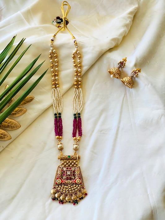 Temple Long Necklace Meenakari Kundan Set