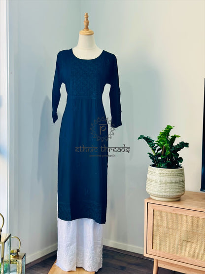 Chikankari Long Kurta In Muslin - Black