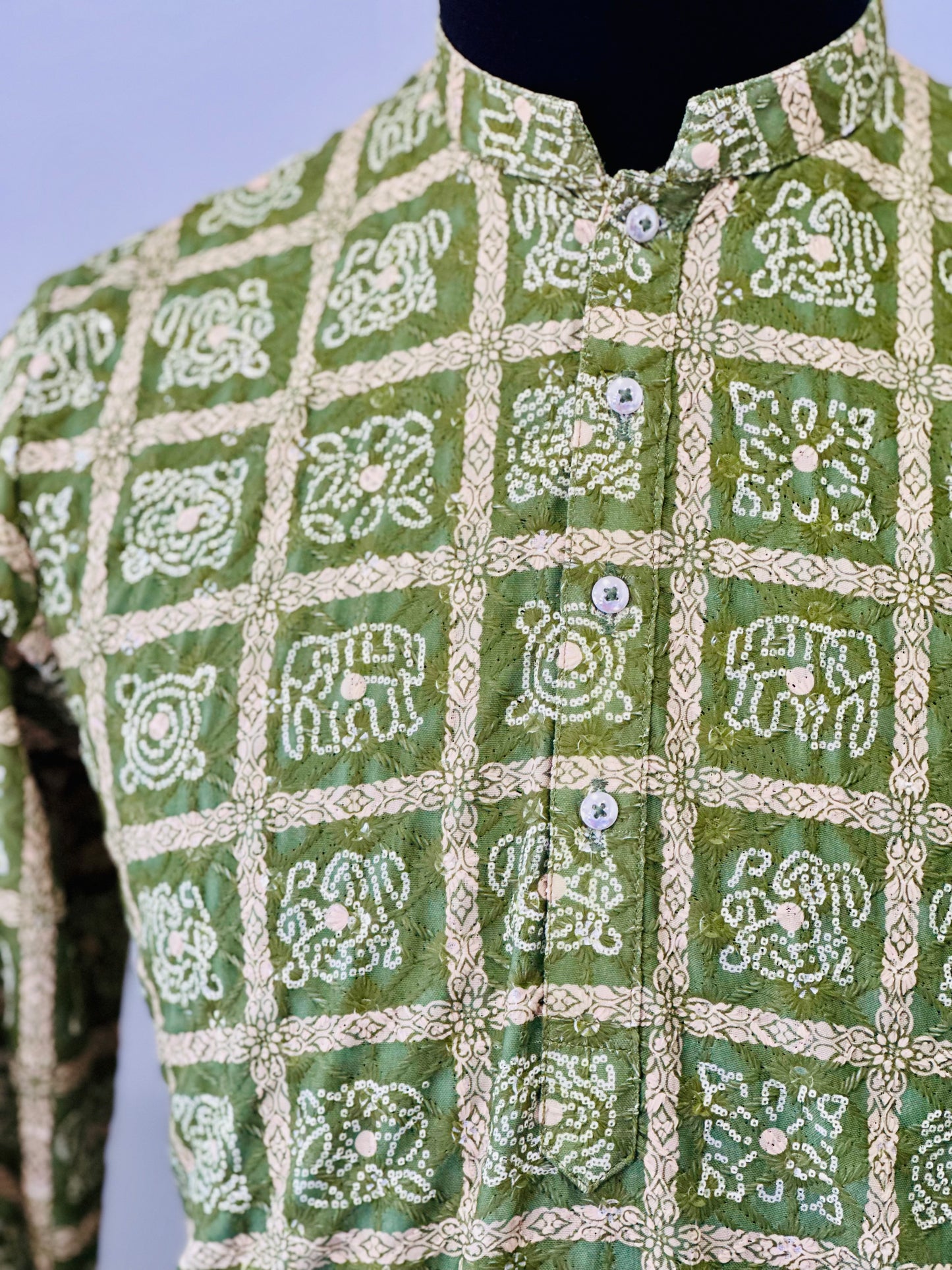 Printed Cotton Mens Long Kurta- Green