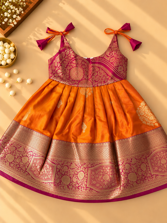 Saffron Orange & Magenta Pure Kanchipuram Silk Infant Pinafore Gown