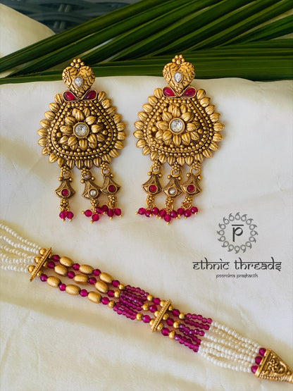 Temple Long Necklace Set- Ruby Stones