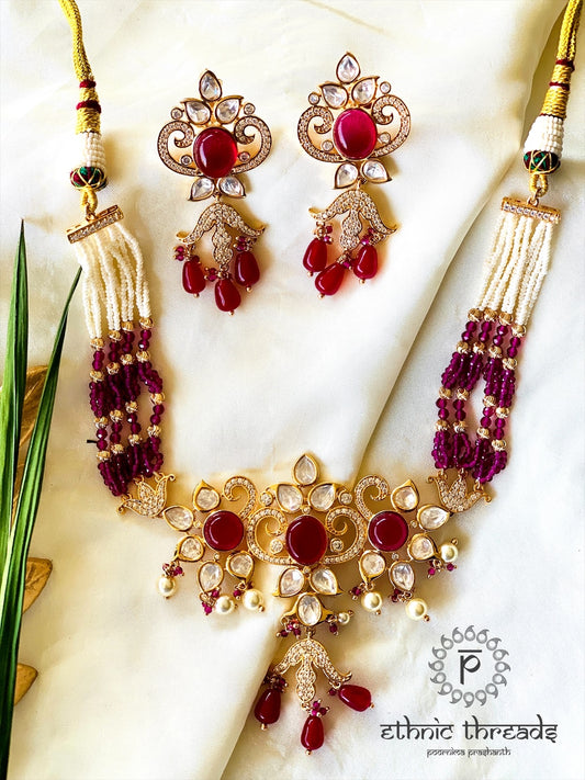 Uncut Polki Choker Set with Semi-precious Stones- Pink