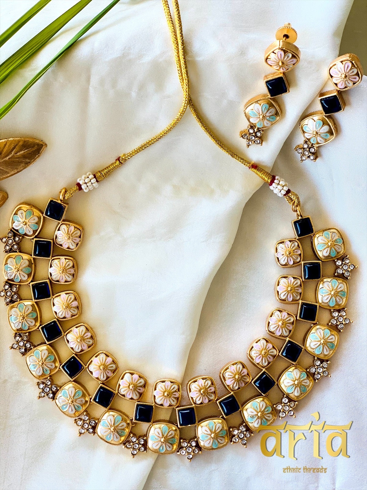 Antique Matt Gold Meenakari Necklace Set with Precious Stones- Blue Stones