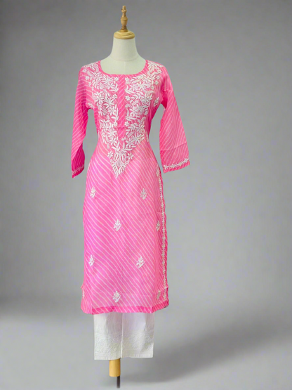 Chikankari Long Kurta In Kota - Pink