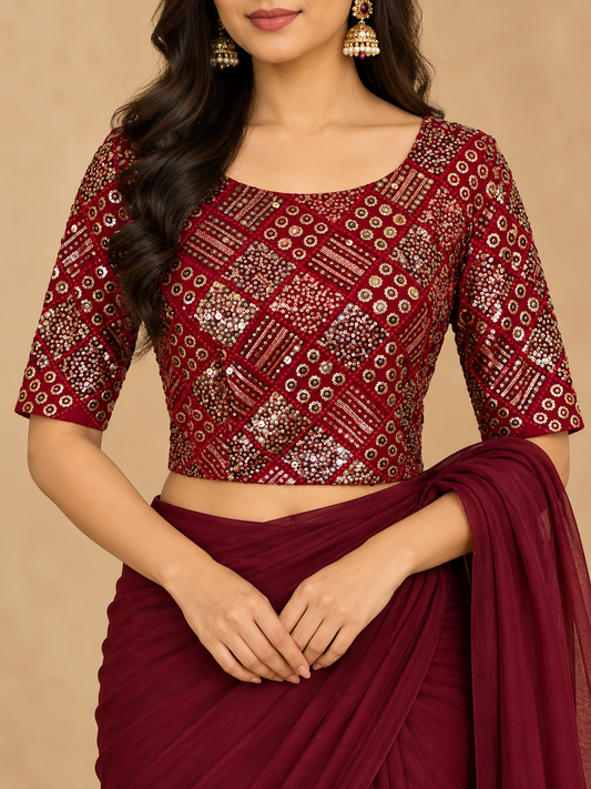 Sequins Work Blouses - Maroon