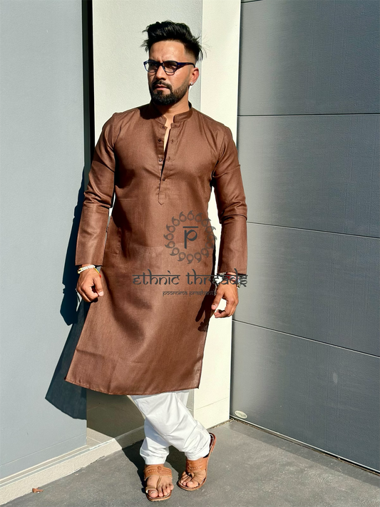 Cotton Mens Long Kurta- Coffee Brown