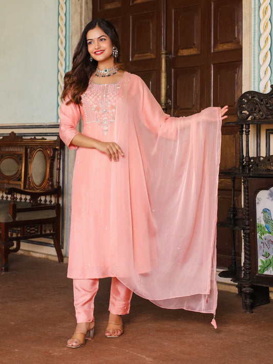 Peach Silk Salwar Set with Zardosi , and Three-Quarter Sleeves