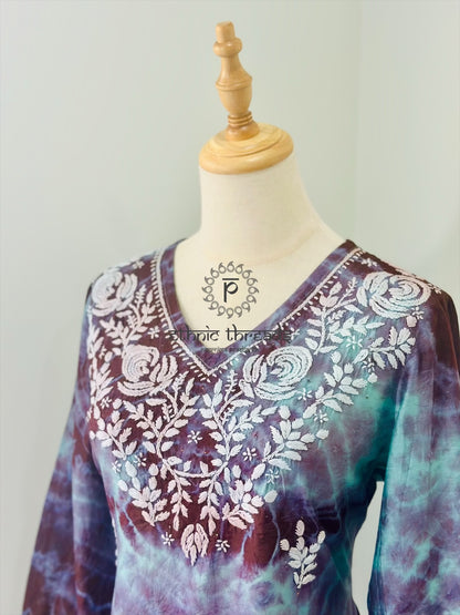 Chikankari Kurta In Tie-Dye Silk Cotton -Teal/Purple