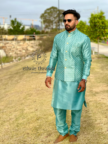 Raw Silk Mens Long Kurta with Embroidery Jacket