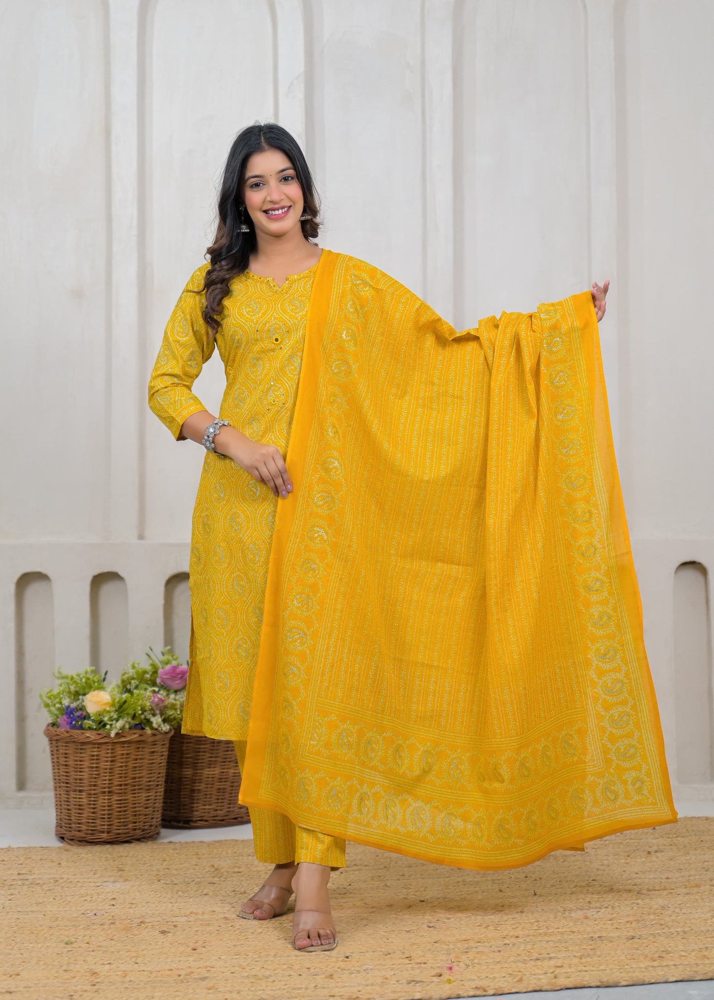 Mustard Yellow Cotton Printed Suit Set