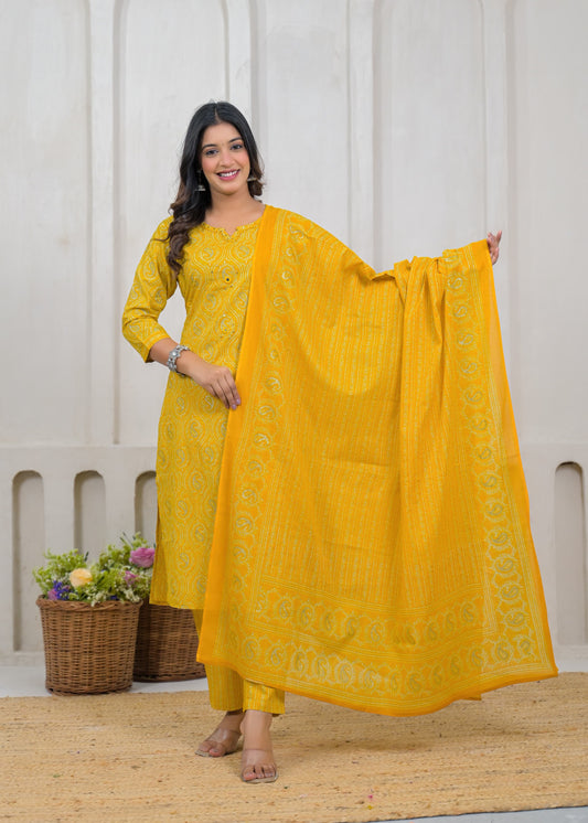 Mustard Yellow Cotton Printed Suit Set