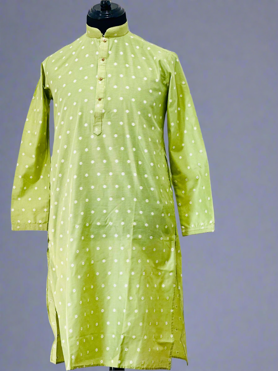 Printed Cotton Mens Long Kurta- Pastel Green
