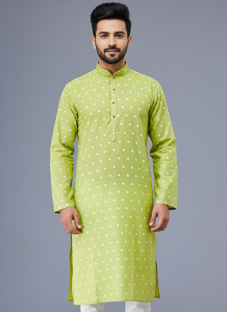 Printed Cotton Mens Long Kurta- Pastel Green